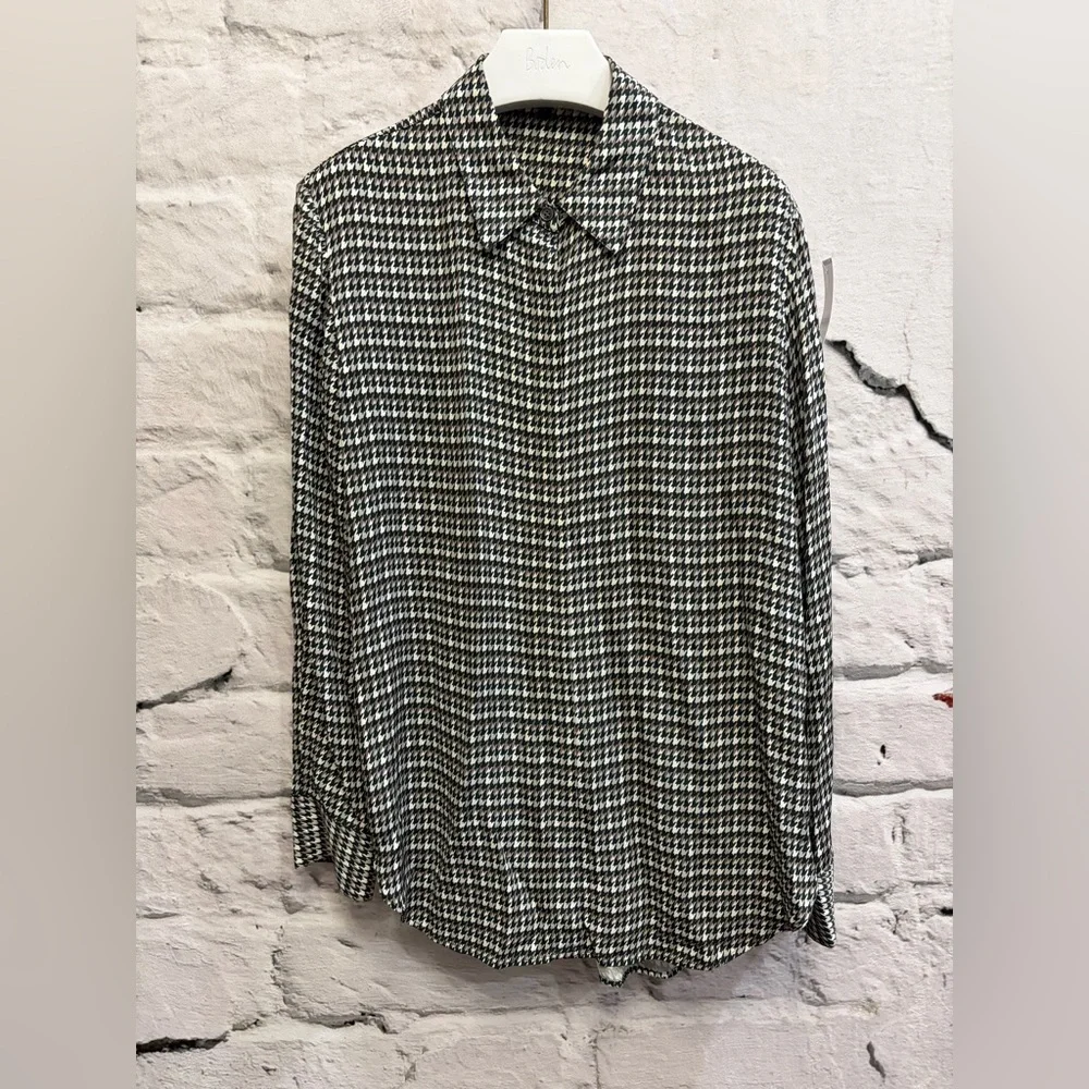 THEORY Houndstooth Button Up Blouse Deep Green White Grey Classic Minimalist - Picture 2 of 7